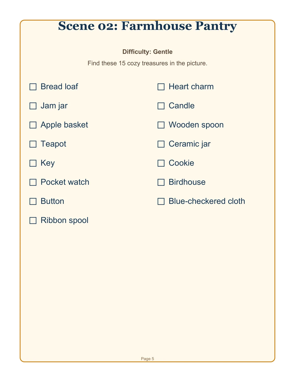 Farmhouse pantry large-print clue list