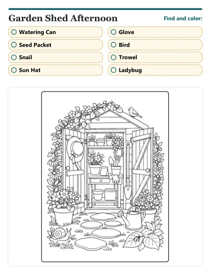 Garden Shed Afternoon find-and-color page